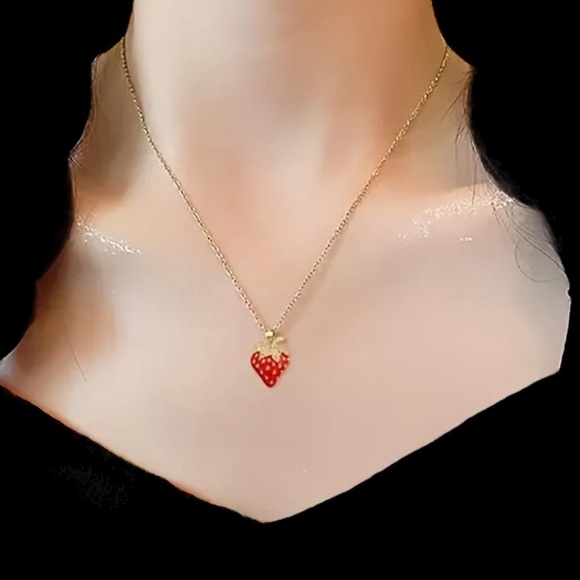 CZ Strawberry charm 18k gold plated necklace. New. - Picture 4 of 12